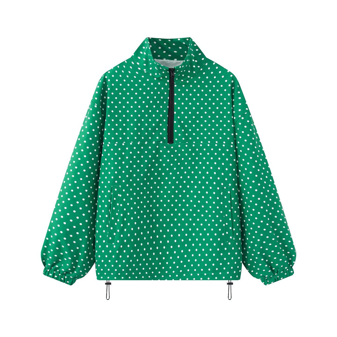 Damen Gepunkteter leichter Anorak mit Halbzip, Kängurutasche und Kordelzug Drune