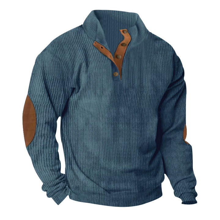 Herren Gerippter Henley-Pullover mit Stehkragen, Knopfleiste & Leder-Ellbogenpatches Drune