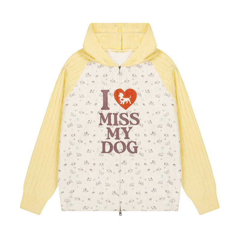 Damen Kapuzen‑Strickjacke mit durchgehendem Reißverschluss, gerippten Ärmeln und Hunde‑Statement‑Print Drune