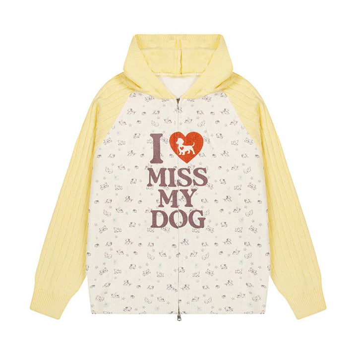 Damen Kapuzen‑Strickjacke mit durchgehendem Reißverschluss, gerippten Ärmeln und Hunde‑Statement‑Print Drune