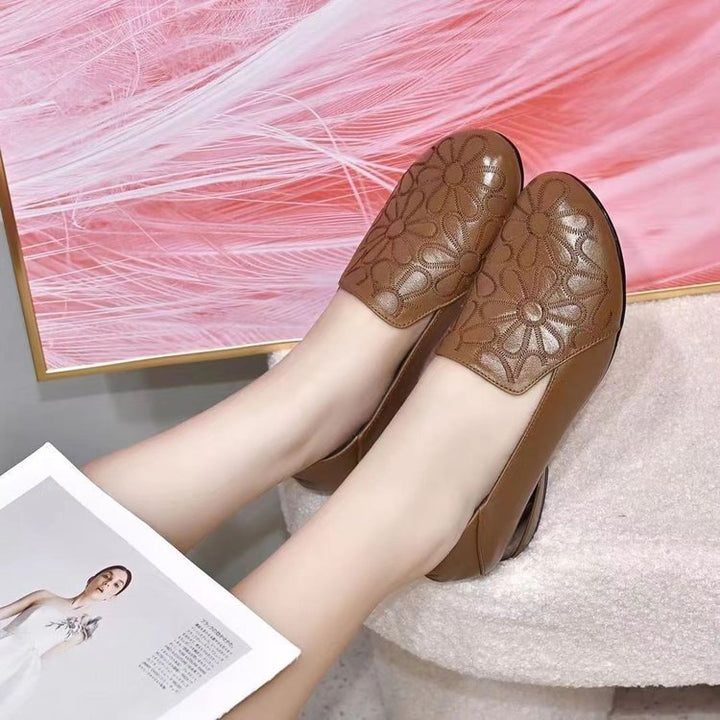 Damen nan elegante gepolsterte Lederloafer mit floral geprägter Oberfläche und mittelhohem Blockabsatz Drune