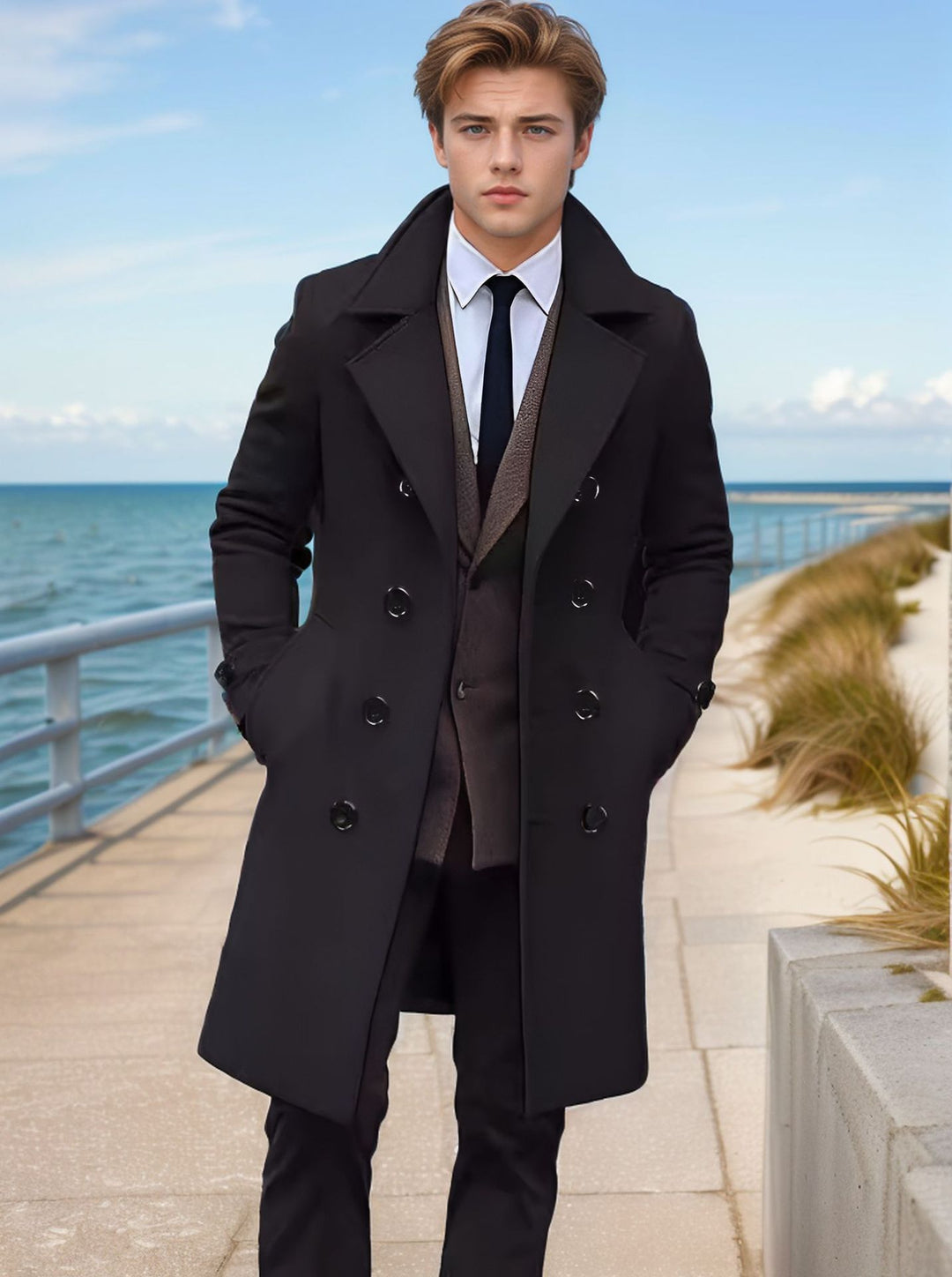 Herren Eleganter einreihiger Langmantel aus Wollmix mit schmaler Silhouette und Reverskragen Drune