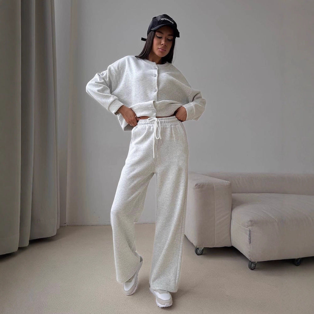 Damen Zweiteiliges Loungewear-Set aus Sweat mit geknöpfter Cropped-Jacke und weiter Kordelzughose Drune
