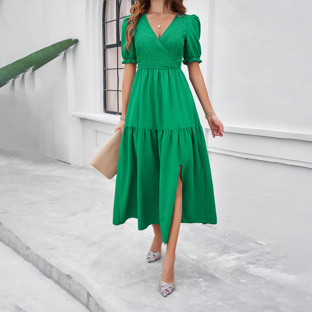 Damen Maxikleid mit hohem Schlitz und Puffärmeln Drune