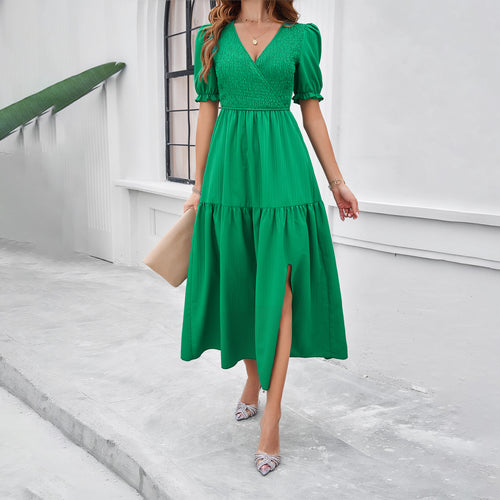 Damen Maxikleid mit hohem Schlitz und Puffärmeln Drune
