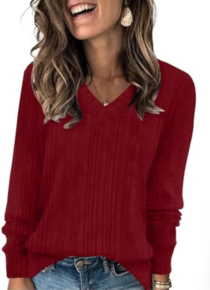 Damen gerippter V‑Ausschnitt Feinstrickpullover mit längerem Arm Drune