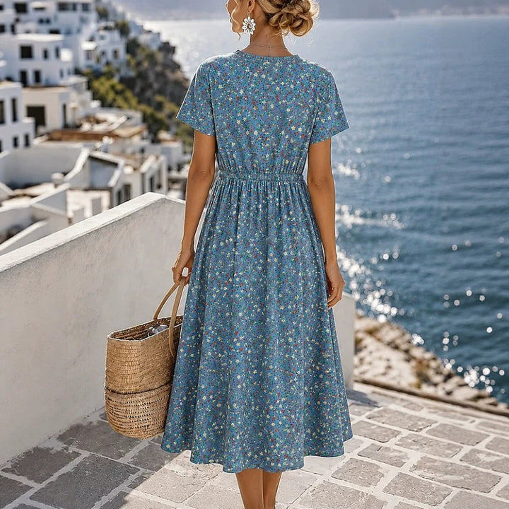 Damen Midikleid mit floralem Alloverprint, Tunnelzugtaillenband und Knopfleiste Drune