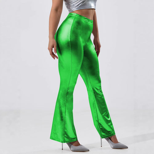 Damen Glänzende High-Waist Schlaghose mit Metallic-Finish Drune