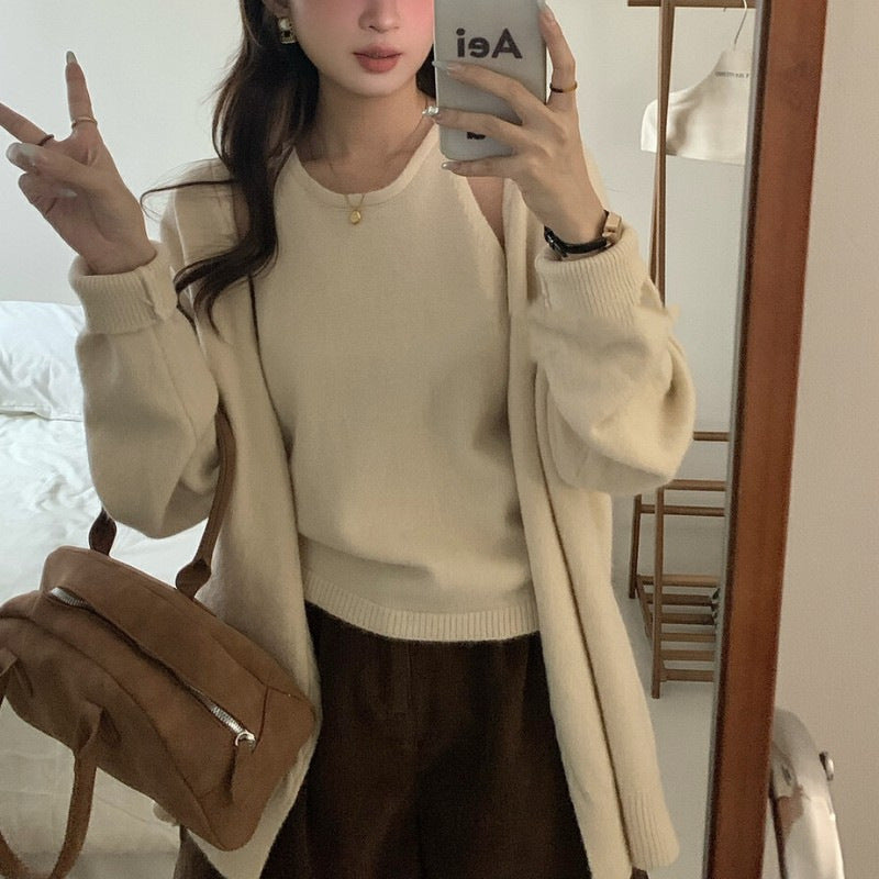 Damen Flauschiger Strickpullover mit lässigem Schnitt und offenen Ärmeln Drune
