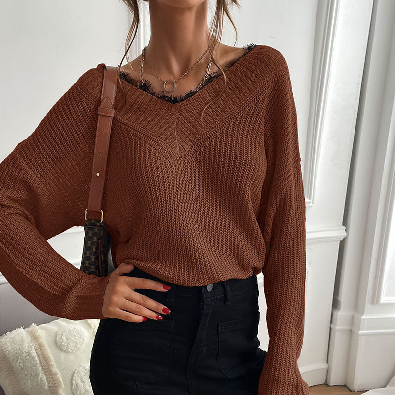 Damen Eleganter Strickpullover mit V-Ausschnitt und großem Muster Drune