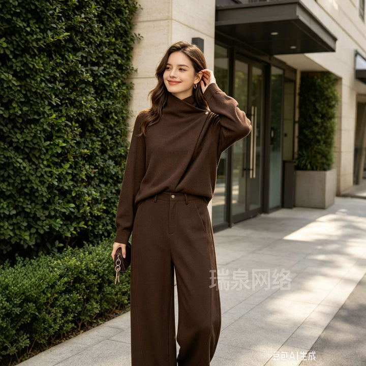 Damen Zweiteiliges Ensemble mit asymmetrischem Rollkragenoberteil und weiter Hochbundhose Drune