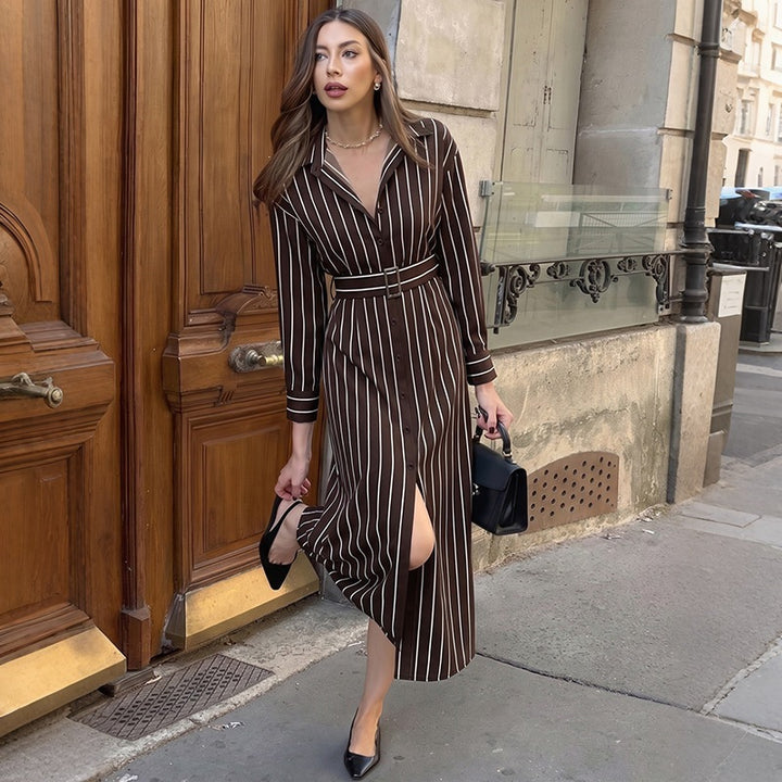 Damen Hemdblusenkleid mit Taillengürtel und vertikalem Nadelstreifen Drune