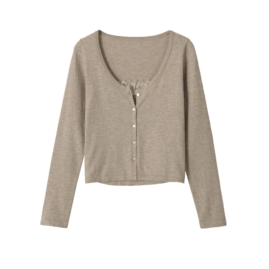 Damen Feiner Cropped-Cardigan mit Spitzen-Einsatz und Knopfleiste Drune