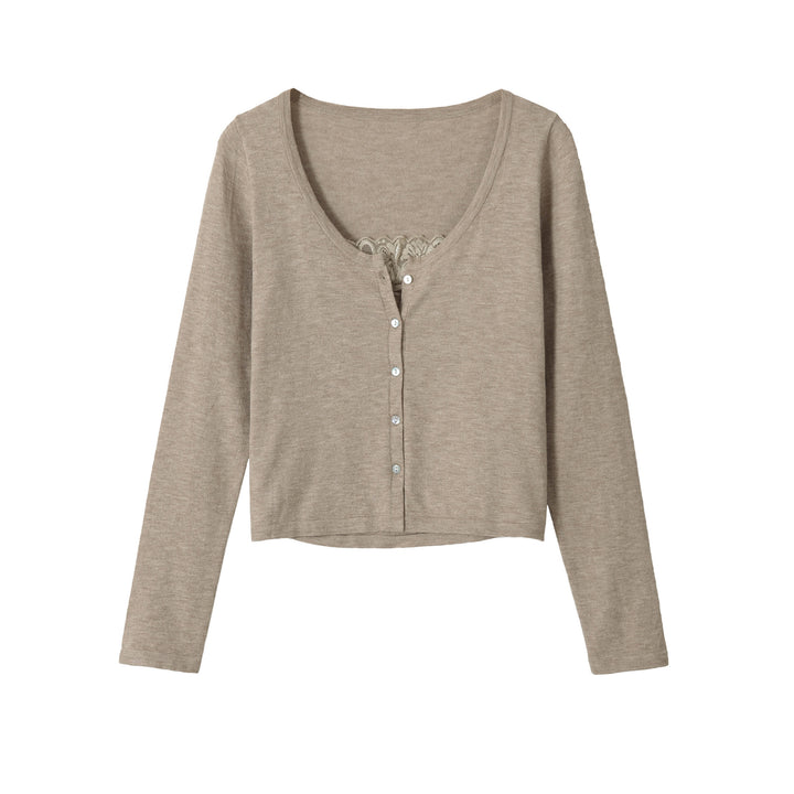 Damen Feiner Cropped-Cardigan mit Spitzen-Einsatz und Knopfleiste Drune
