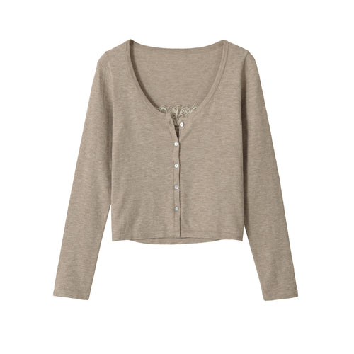 Damen Feiner Cropped-Cardigan mit Spitzen-Einsatz und Knopfleiste Drune
