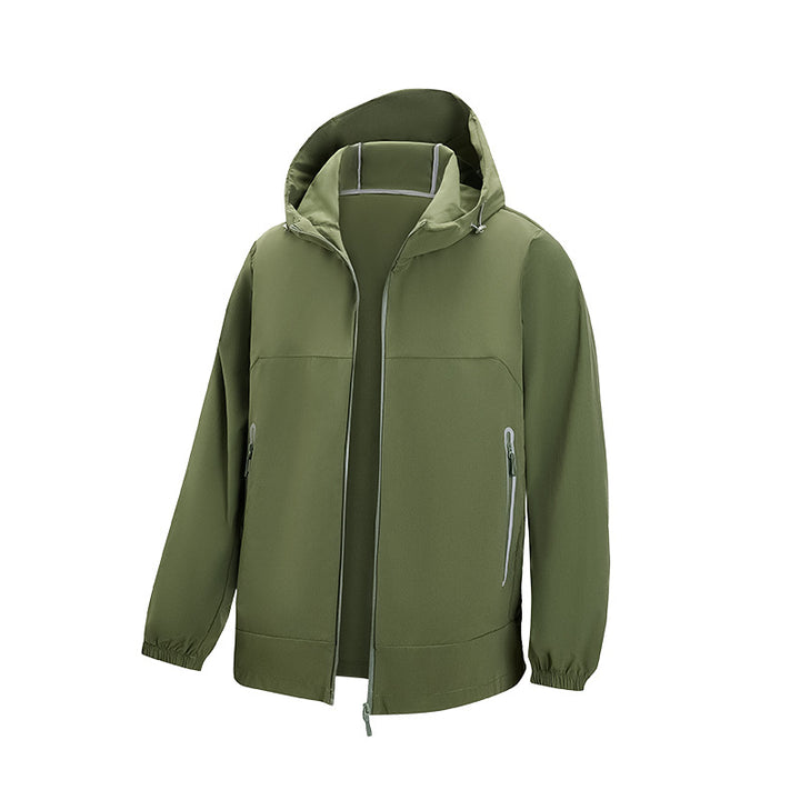 Herren Leichte technische Softshell-Windjacke mit Kapuze, wasserabweisender Membran und Reißverschlusstaschen Drune