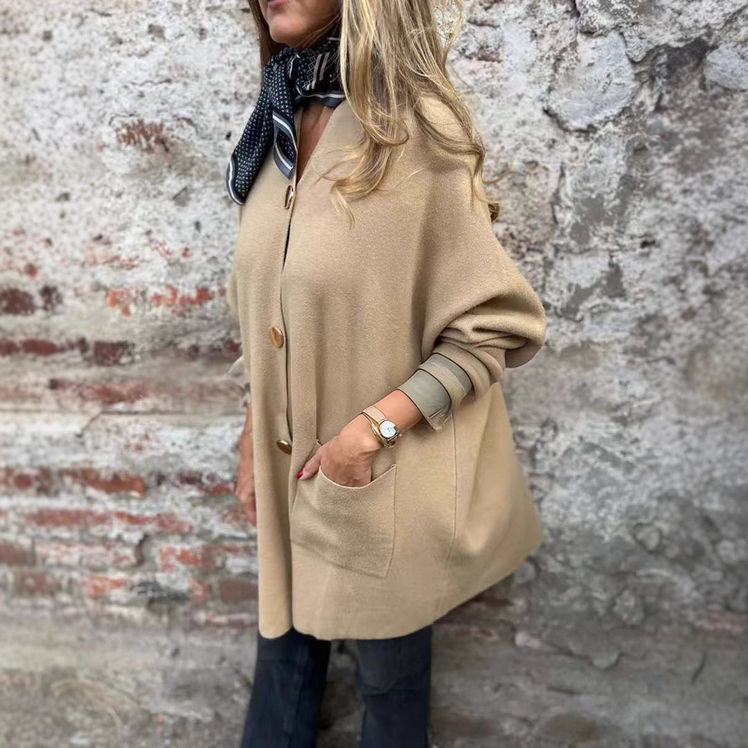 Damen Oversize Strickmantel-Cardigan mit aufgesetzten Taschen und Zierknöpfen Drune