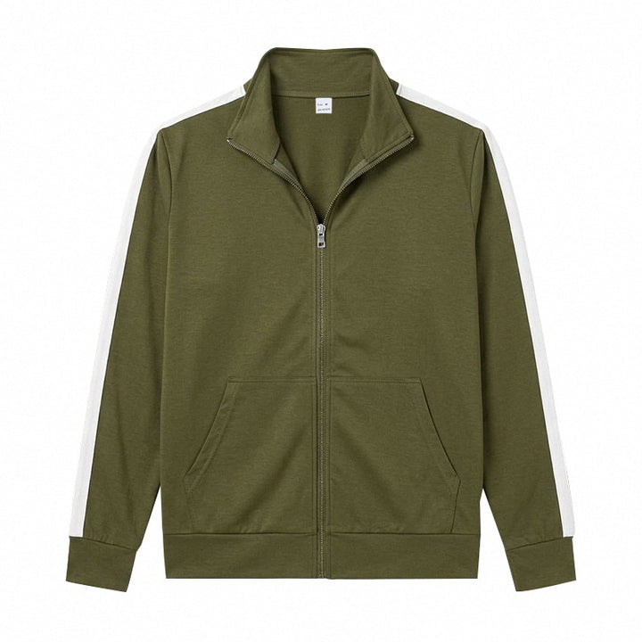 Herren Sportliche Zip-Trackjacke mit Stehkragen, Kontraststreifen an den Ärmeln und Kängurutaschen Drune