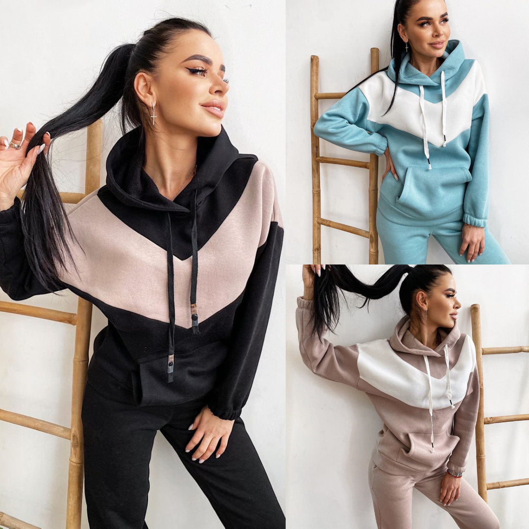 Damen zweiteiliges Loungewear-Set mit Chevron-Kapuzenpullover und taillierter Tapered-Jogginghose Drune