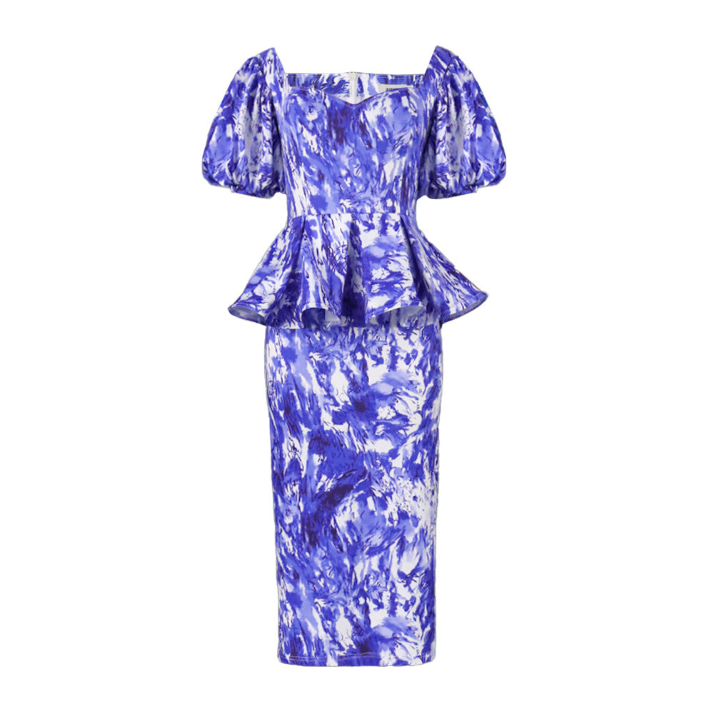 Damen elegantes Midikleid mit Puffärmeln und raffinierter Taille Drune