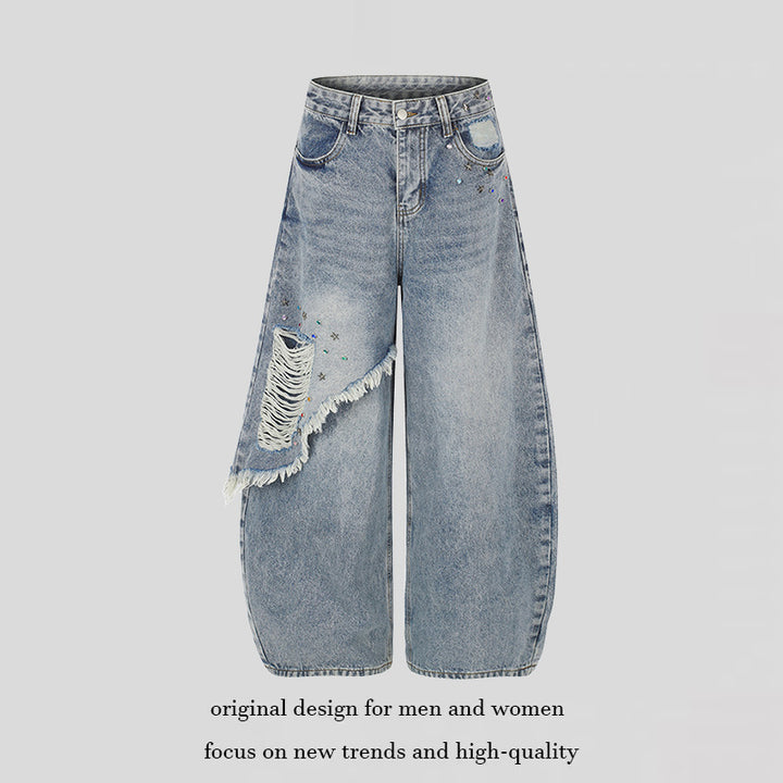 Damen High‑Waist weite Palazzo-Jeans mit asymmetrischem Fransen-Detail und Strassapplikation Drune
