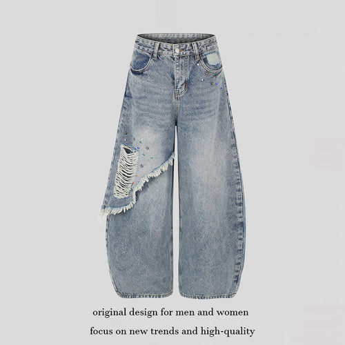 Damen High‑Waist weite Palazzo-Jeans mit asymmetrischem Fransen-Detail und Strassapplikation Drune