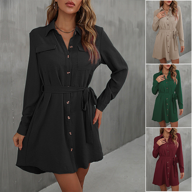 Damen Lockeres Hemdblusen-Minikleid mit Taillengürtel und aufgesetzten Brusttaschen Drune