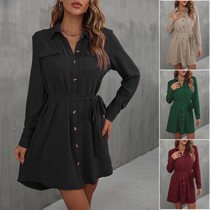 Damen Lockeres Hemdblusen-Minikleid mit Taillengürtel und aufgesetzten Brusttaschen Drune