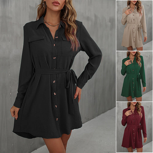 Damen Lockeres Hemdblusen-Minikleid mit Taillengürtel und aufgesetzten Brusttaschen Drune