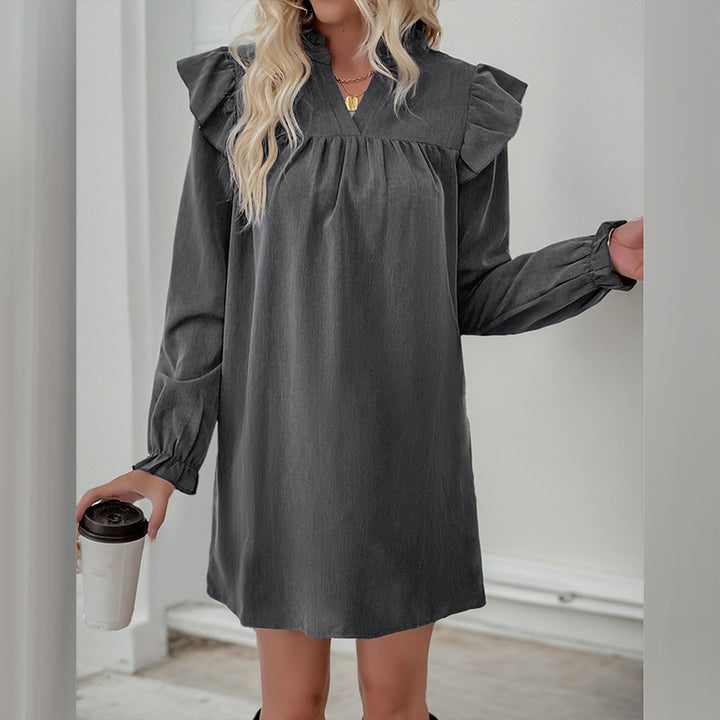 Damen Volant-Hemdkleid mit geraffter Passe, Stehkragen und elastischen Manschetten Drune