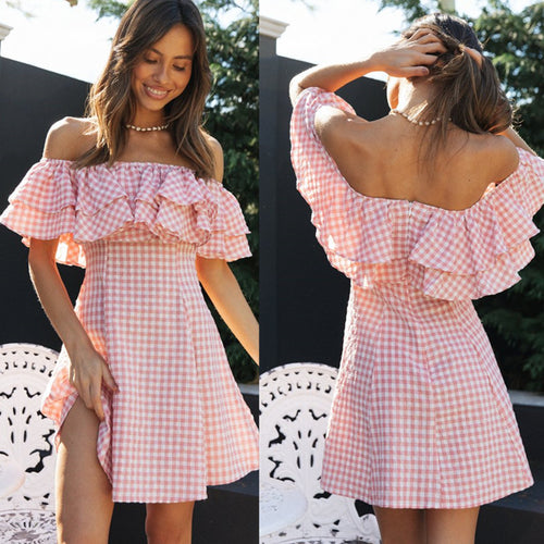 Damen Schulterfreies Sommerkleid mit Rüschen und süßem Karomuster Drune
