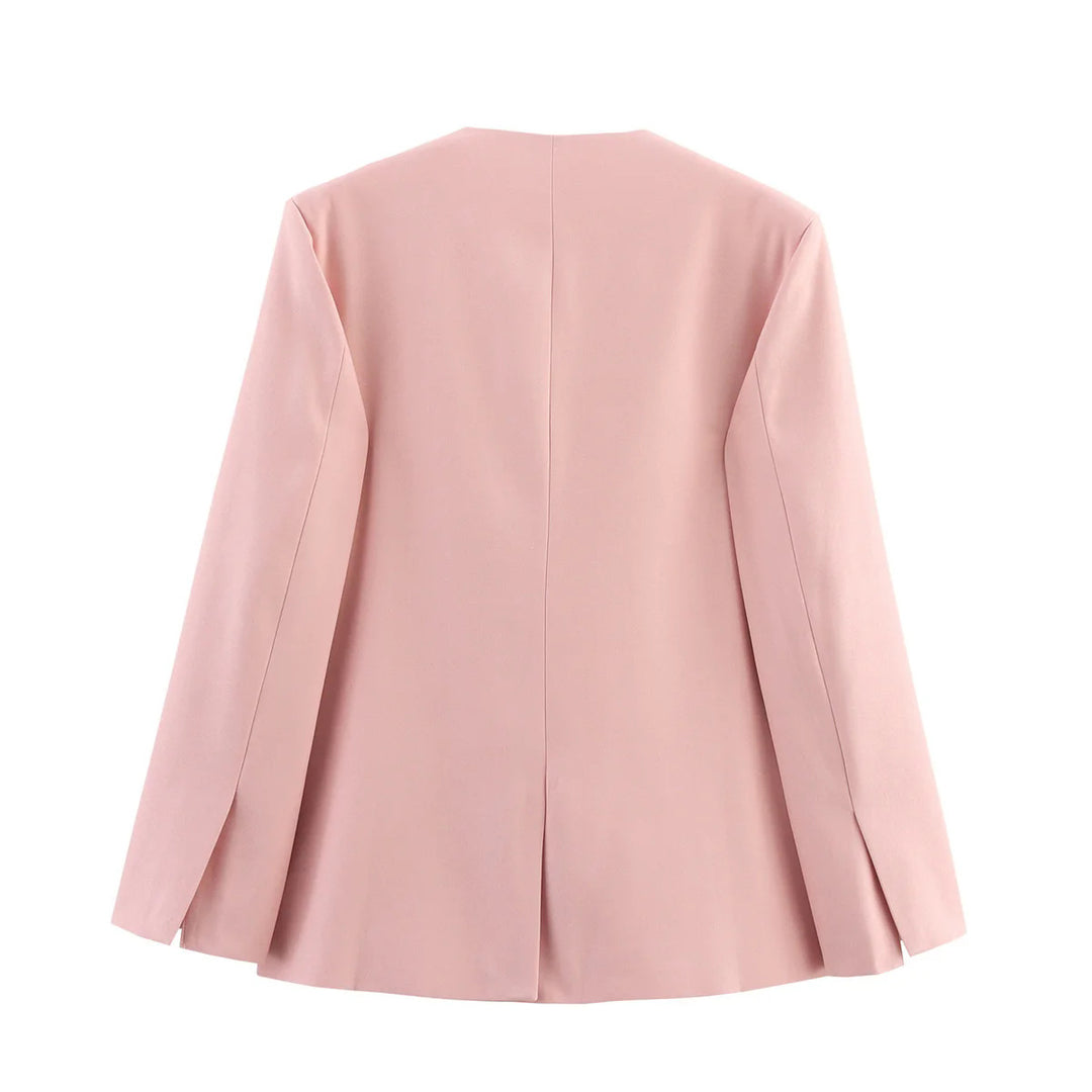 Damen nan knopflose Longblazerjacke mit tiefem V-Ausschnitt taillierten Abnähern und Pattentaschen Drune