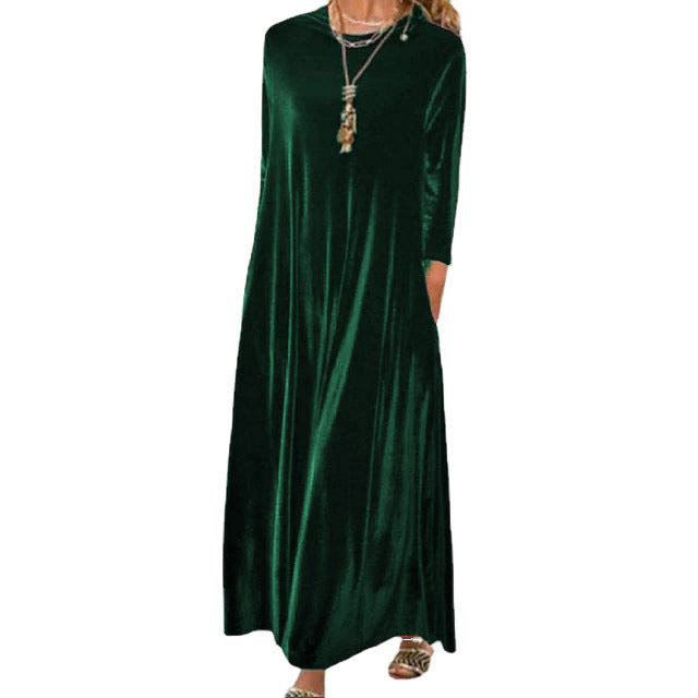 Damen Langes samtiges Maxikleid mit Rundhalsausschnitt, halblangen Ärmeln und seitlichen Taschen Drune