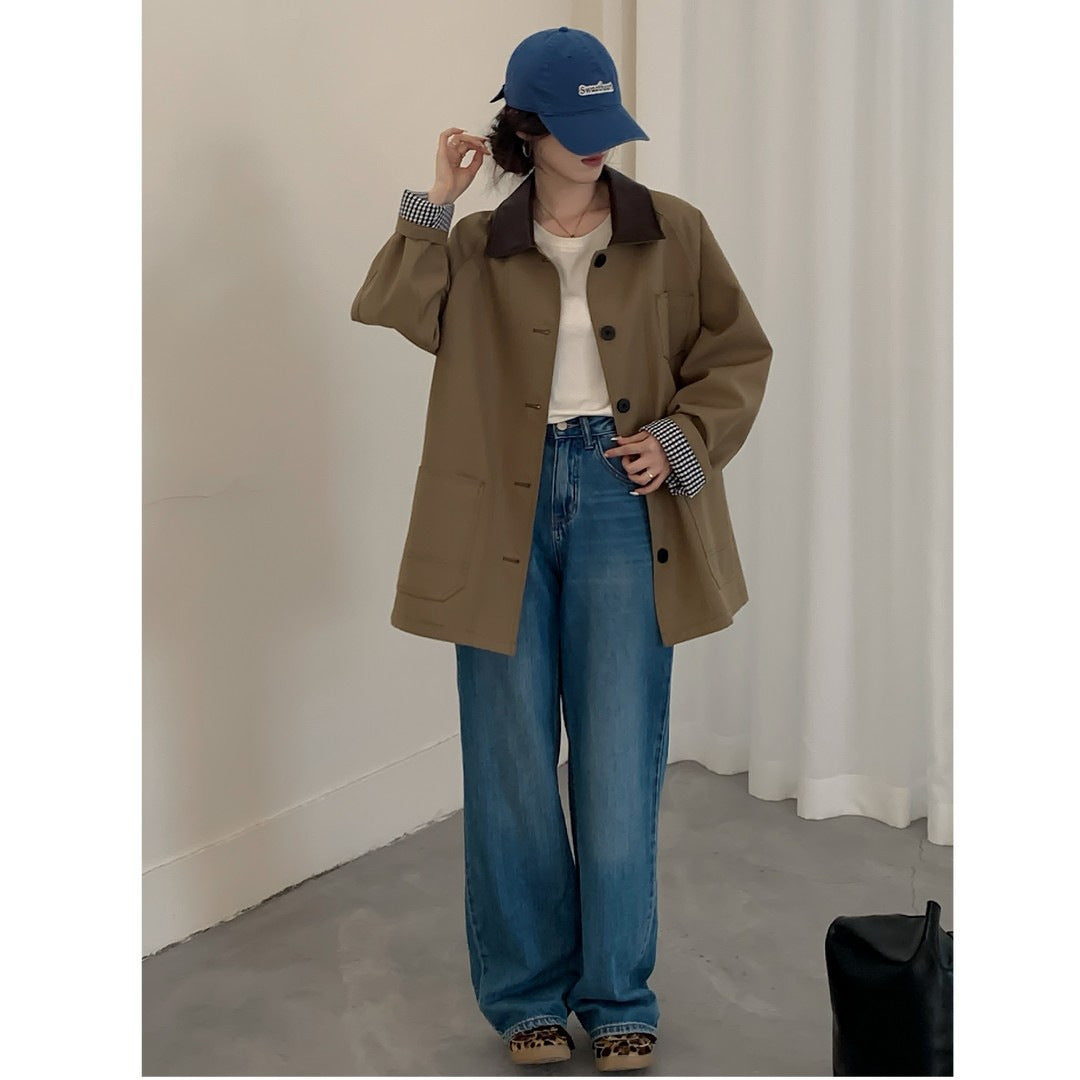 Damen Oversize Kurzjacke im Trenchstil mit Lederoptik-Kragen und karierten Umschlagmanschetten Drune