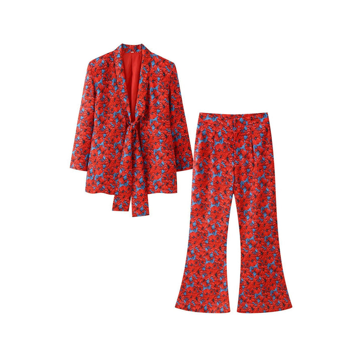 Damen 20+ zweiteiliges Satinset mit lockerem Knotenblazer und weiter Palazzohose Drune