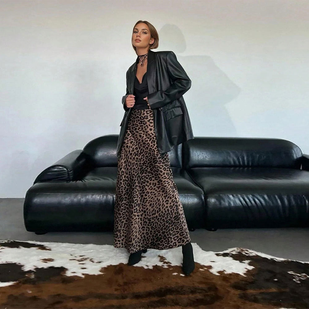 Damen Maxirock mit hohem Bund, ausgestellter A-Linie und markantem Leopardenprint Drune