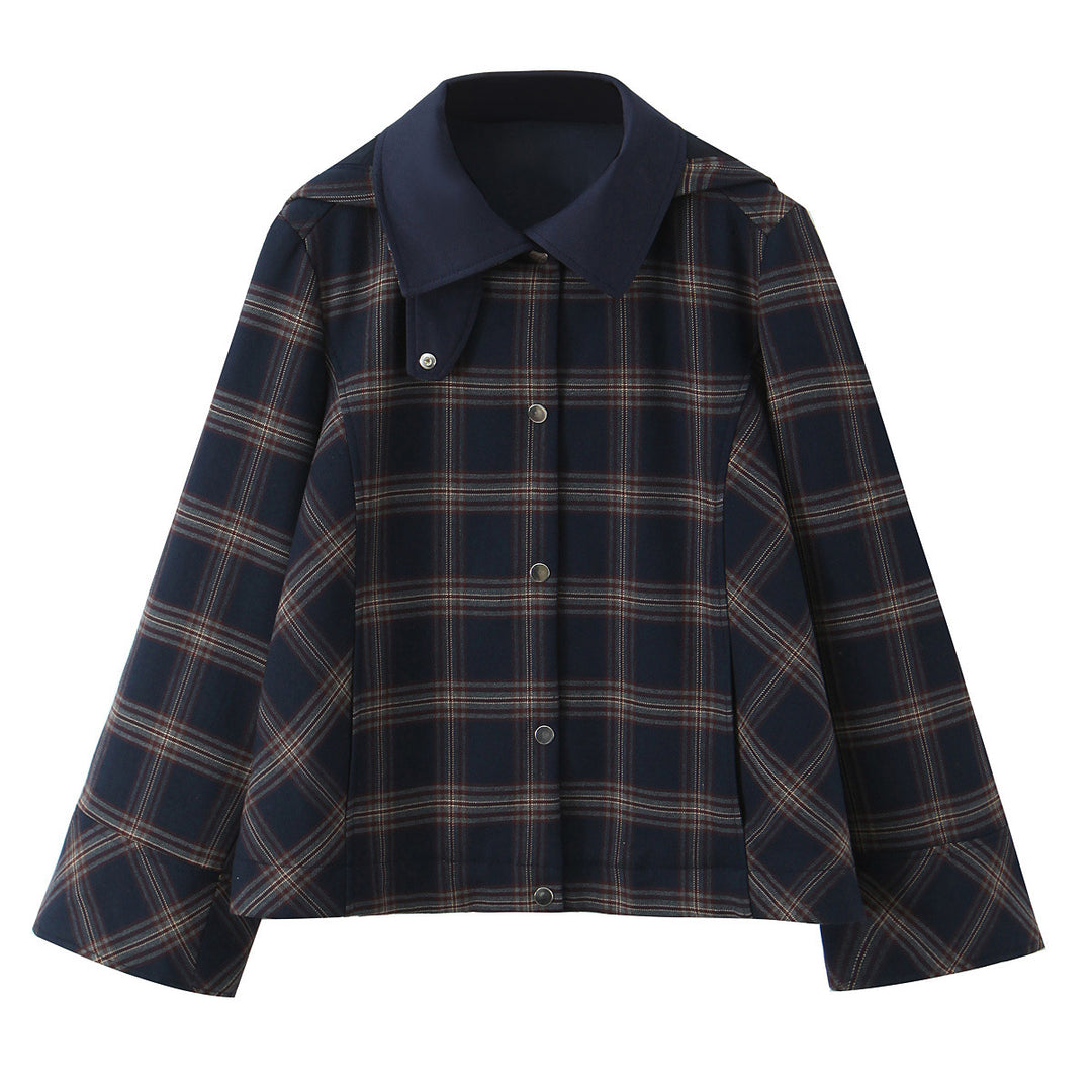 Damen Kurzjacke im Boxy‑Schnitt mit großem Hemdkragen und Karomuster Drune