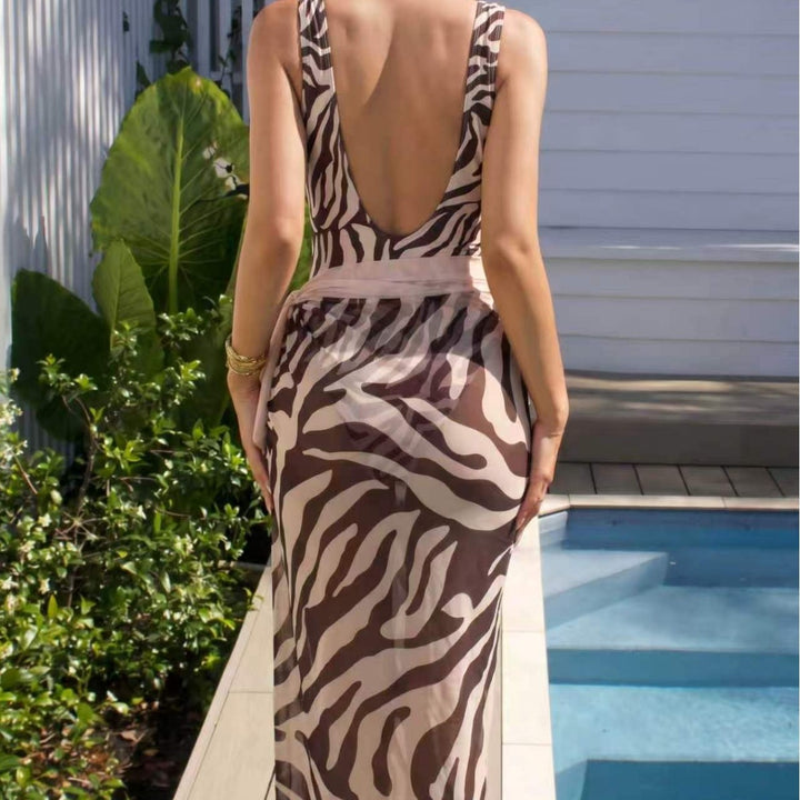 Damen Eleganter Strandmode-Anzug mit tiefem V-Ausschnitt und Gürtel Drune