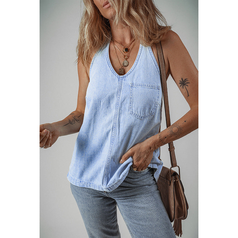 Damen ärmelloses Denim-Top mit praktischem Brusttaschen Drune