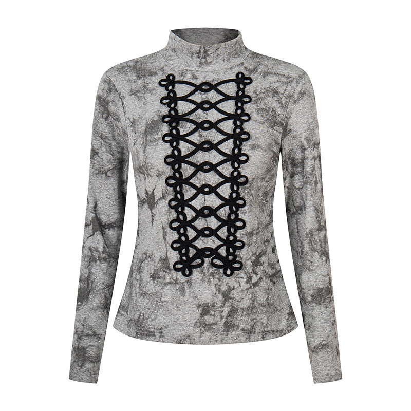 Damen Langarm-Shirt mit Stehkragen und dekorativer Kordel‑Applikation Drune