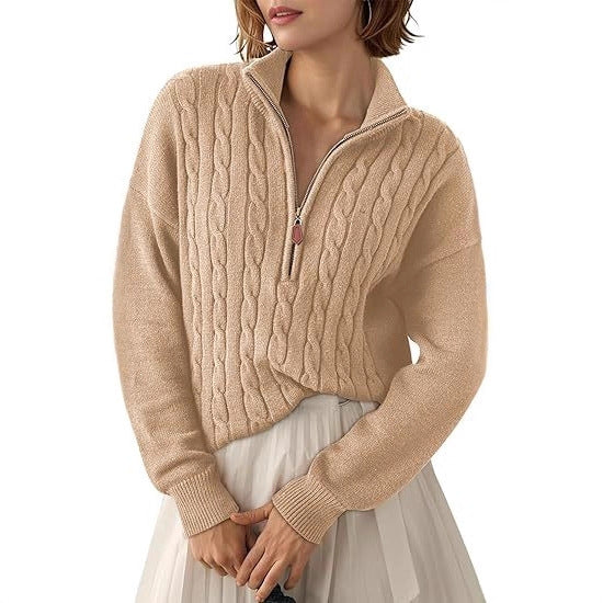 Damen Grobstrick Pullover mit Stehkragen und halbem Reißverschluss Drune