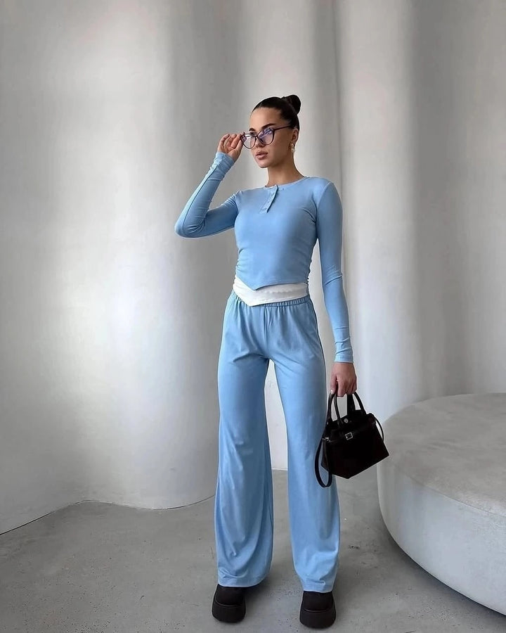 Damen Loungewear-Set aus weichem Modal mit Henley-Knopfleiste und weitem High-Waist Jogger Drune