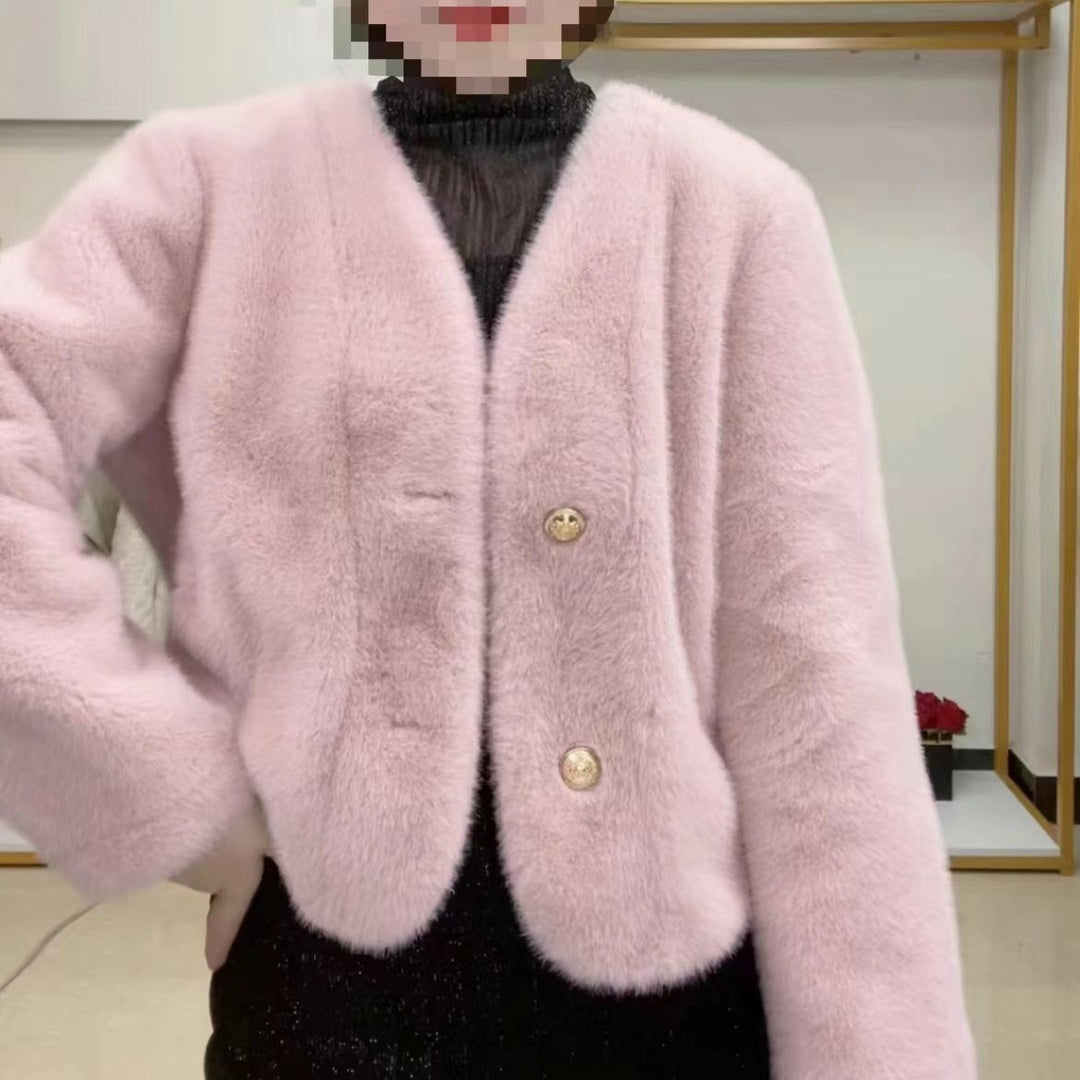 Damen Flauschige Kurzjacke mit edlen Knöpfen Drune
