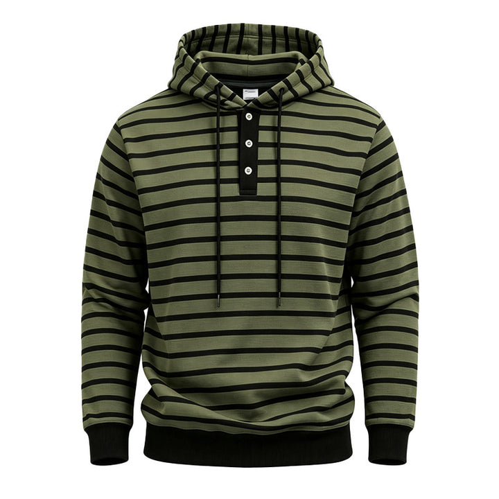 Herren Gestreifter Kapuzenpullover mit Henley‑Knopfleiste, Kordelzug und Rippbündchen Drune
