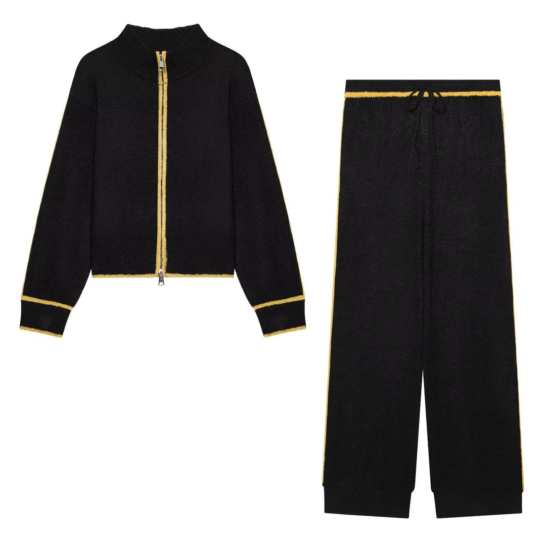 Damen Strick-Set mit Reißverschlussjacke, Stehkragen und weitem Relax-Hosenbein Drune