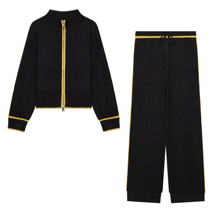 Damen Strick-Set mit Reißverschlussjacke, Stehkragen und weitem Relax-Hosenbein Drune