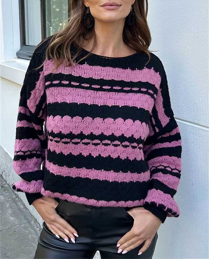 Damen gemütlicher Strickpullover mit modernem Zopfmuster und grafischen Akzenten Drune