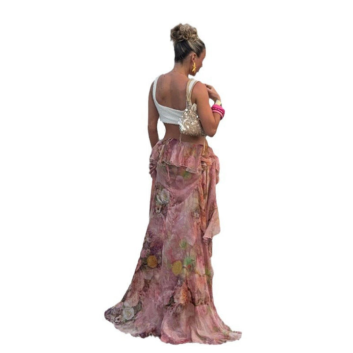 Damen floraler asymmetrischer Rock mit Rüschendetails Drune