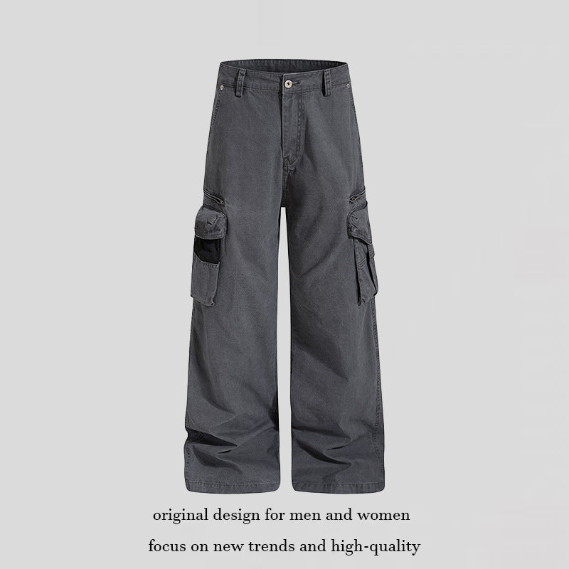 Damen Weite High‑Waist Canvas-Cargohose mit Multi‑Taschen und Netz-Details Drune