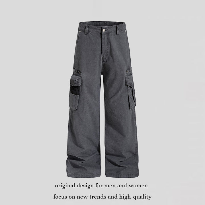 Damen Weite High‑Waist Canvas-Cargohose mit Multi‑Taschen und Netz-Details Drune